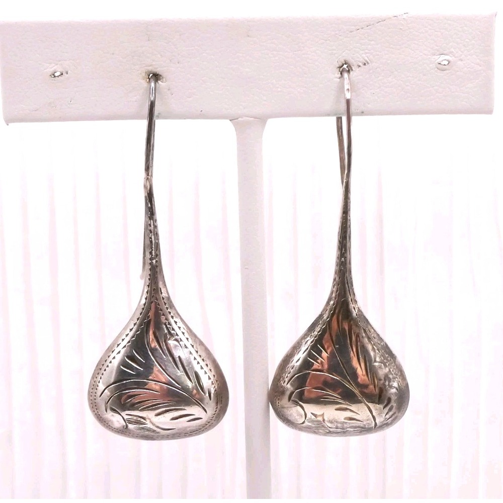 Sterling Silver 925 Electroform Etched Southwest Drop Earring Vintage 2" Drop